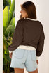 Raw Edge Flower Patch Drop Shoulder Contrast Rib Crewneck Long Sleeve Top
